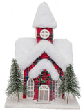 Vita Domi 14" Nutcracker Plaid Christmas Village Lighted Church With Trees with Snow Top Roof Battery Operated (VTD-RZ-3919141)