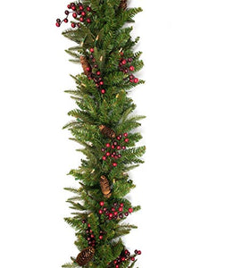 Vita Domi 9'x14 Wellington Fir Pine Spruce Decorative Garland 2 Tone Green with 480 Tips 70 Clear Lights Berries and Pinecones (Clear Lights)