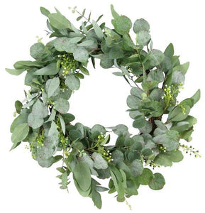 Vita Domi 28" Artificial Eucalyptus Wreath with Silver Dollar Leaves and Berries